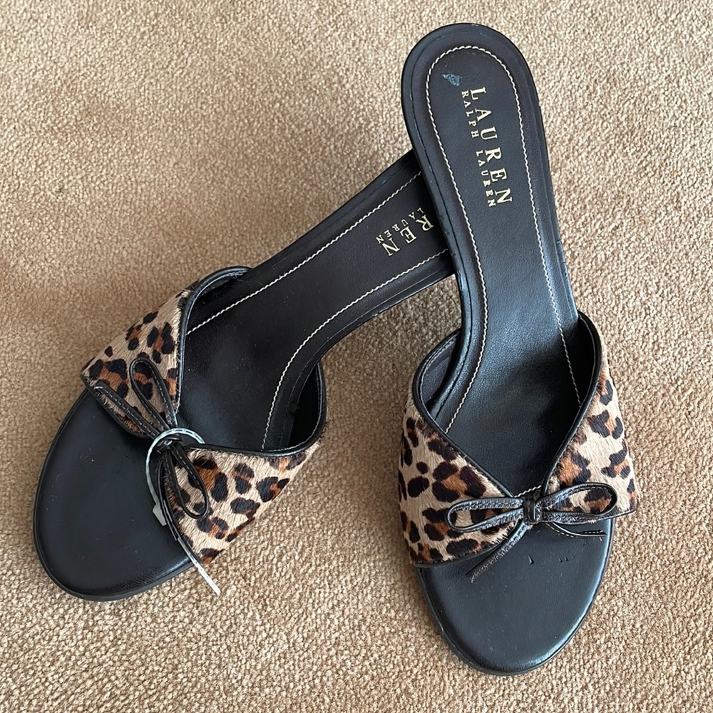 Lauren Ralph Lauren kitten heel pony leopard print slides size 9 new never worn